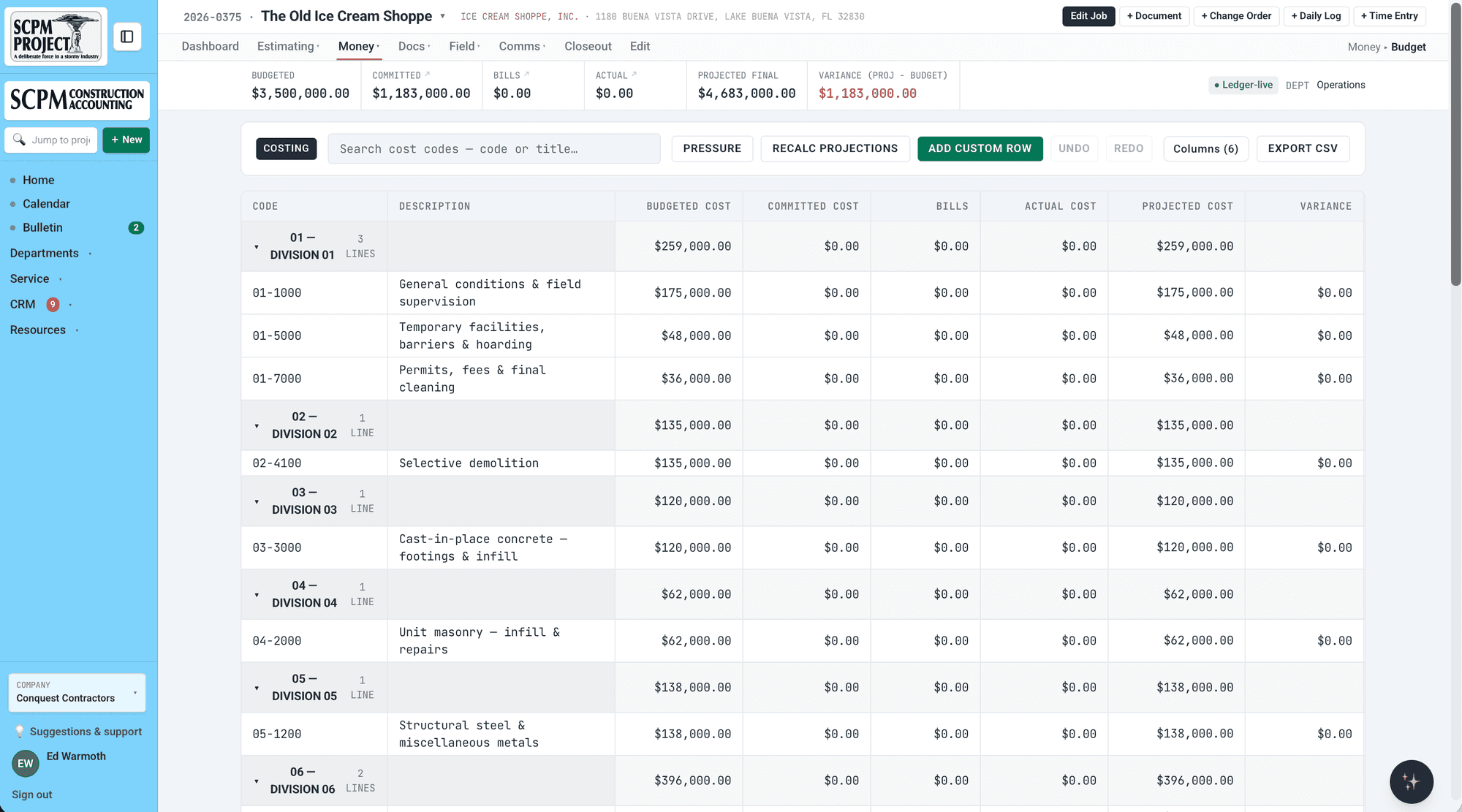 SCPM Project budget workbook – division-grouped cost codes with budgeted, committed, bills, actual, projected, and variance columns, live from the ledger