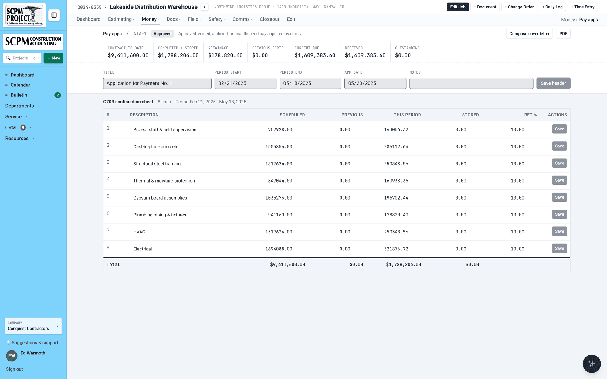 SCPM Project customer pay application – AIA-style G703 continuation sheet with retainage and period billing